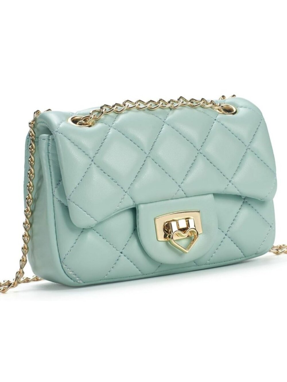 NEW Mint Green Mini Diamond Quilted Crossbody Bag - Gold Heart Clasp